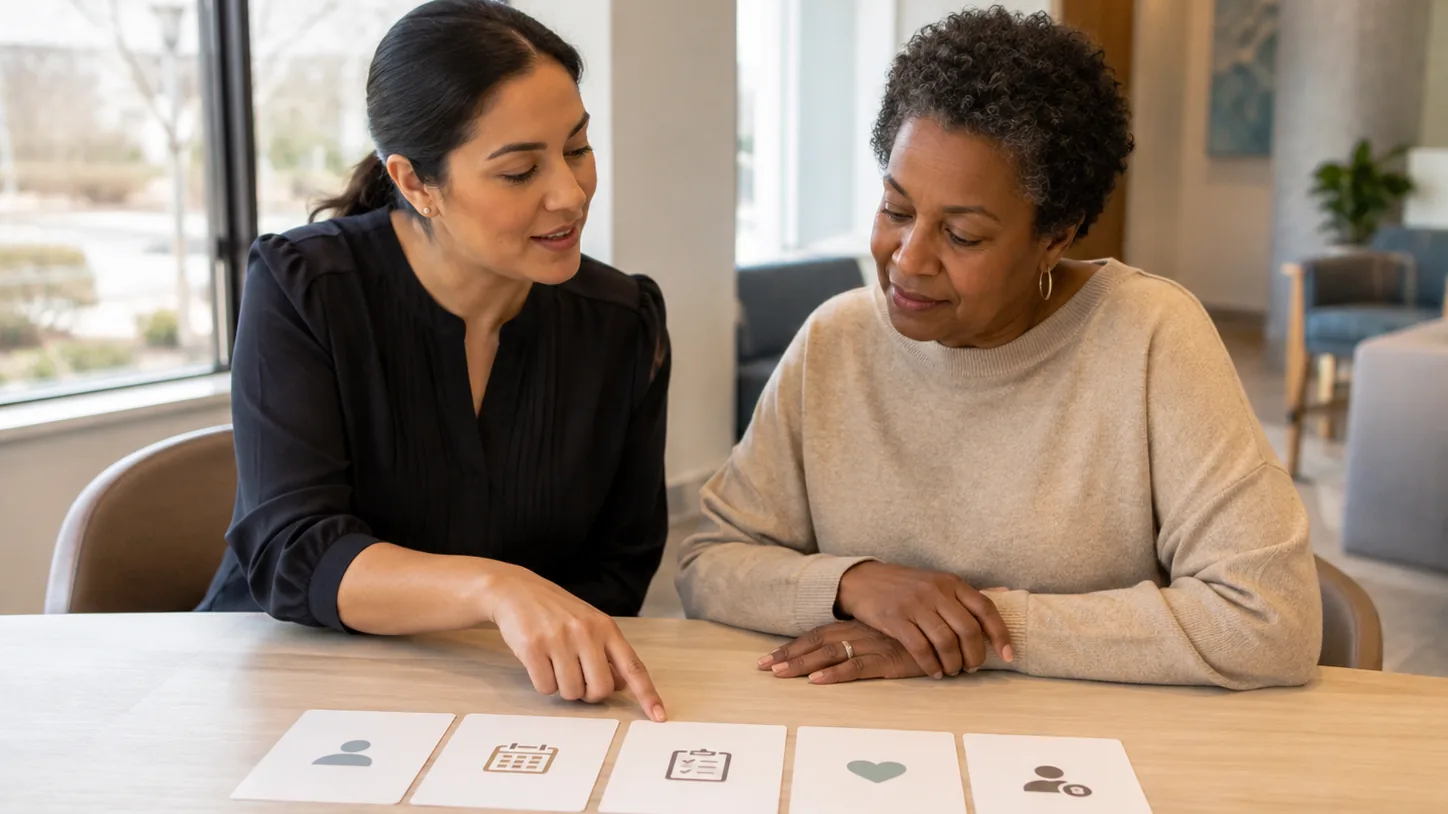 A coordinator and patient trace a sequence of care steps on cards at a clinic table