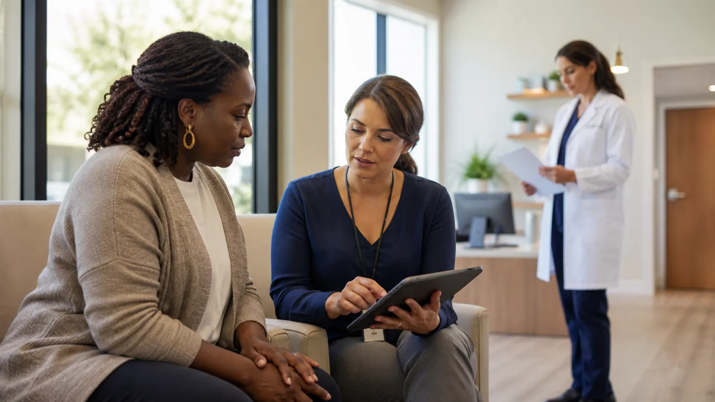 A patient and clinic coordinator complete check-in together on a tablet
