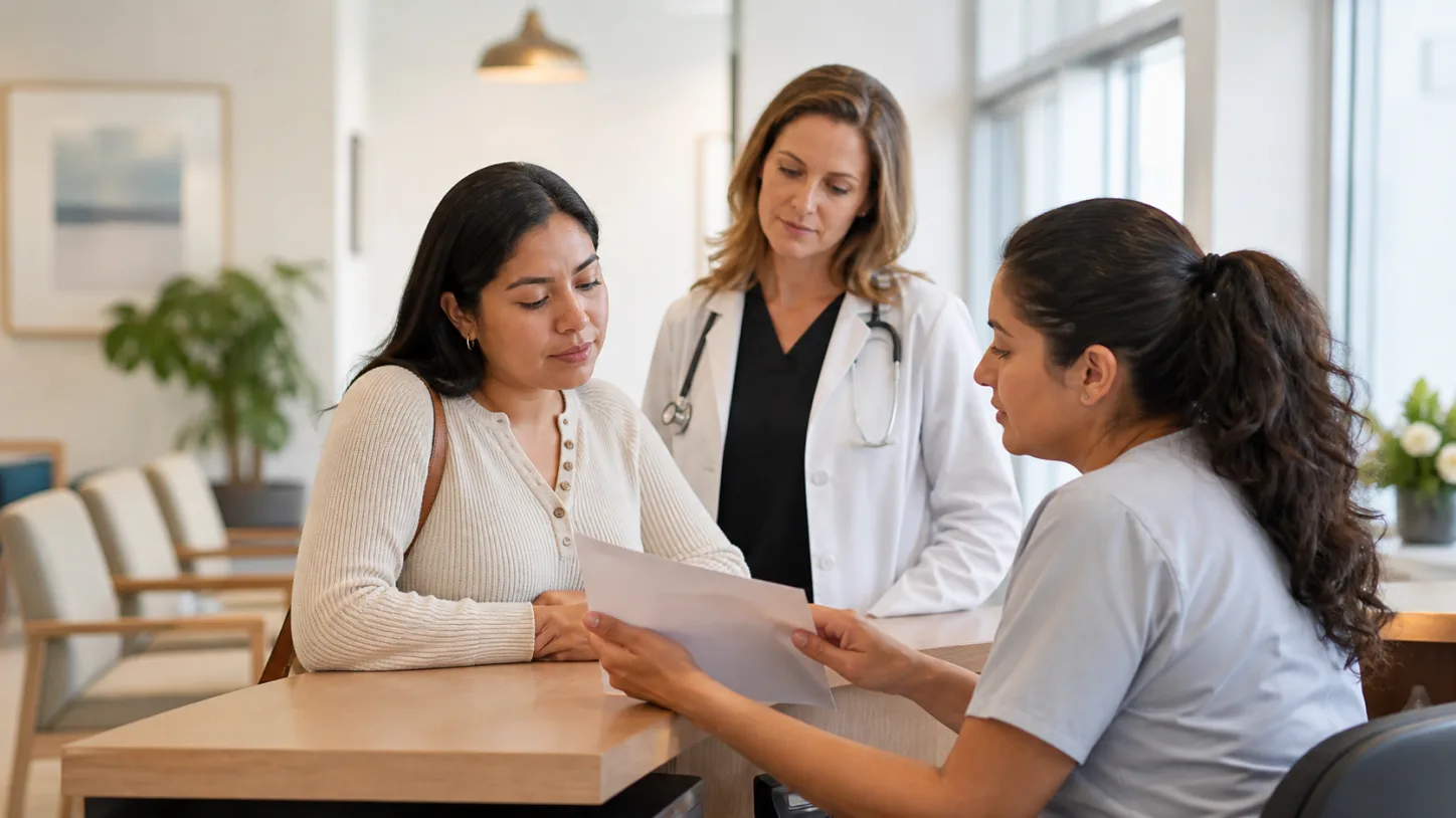A patient and billing coordinator check the next administrative step after a visit