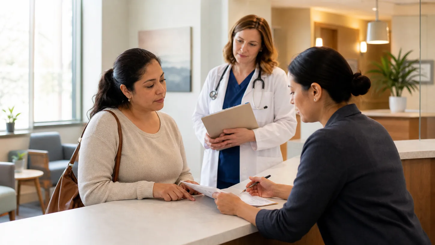 A patient and billing coordinator check the next administrative step after a visit