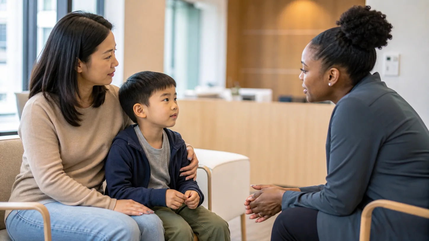 A parent and child speak with a clinic coordinator in a bright pediatric consultation room