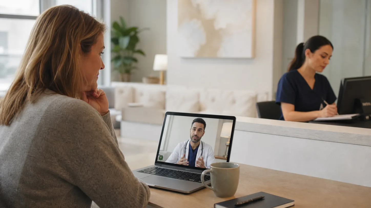 A clinician and patient continue a visit by video while a coordinator prepares follow-up