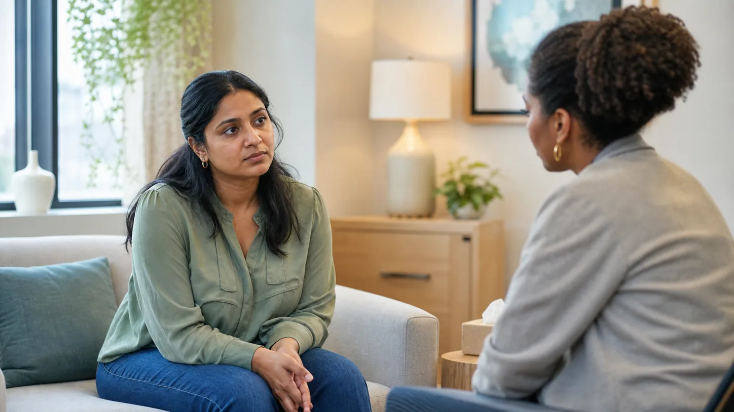 A patient and mental-health clinician talk in a calm private consultation room
