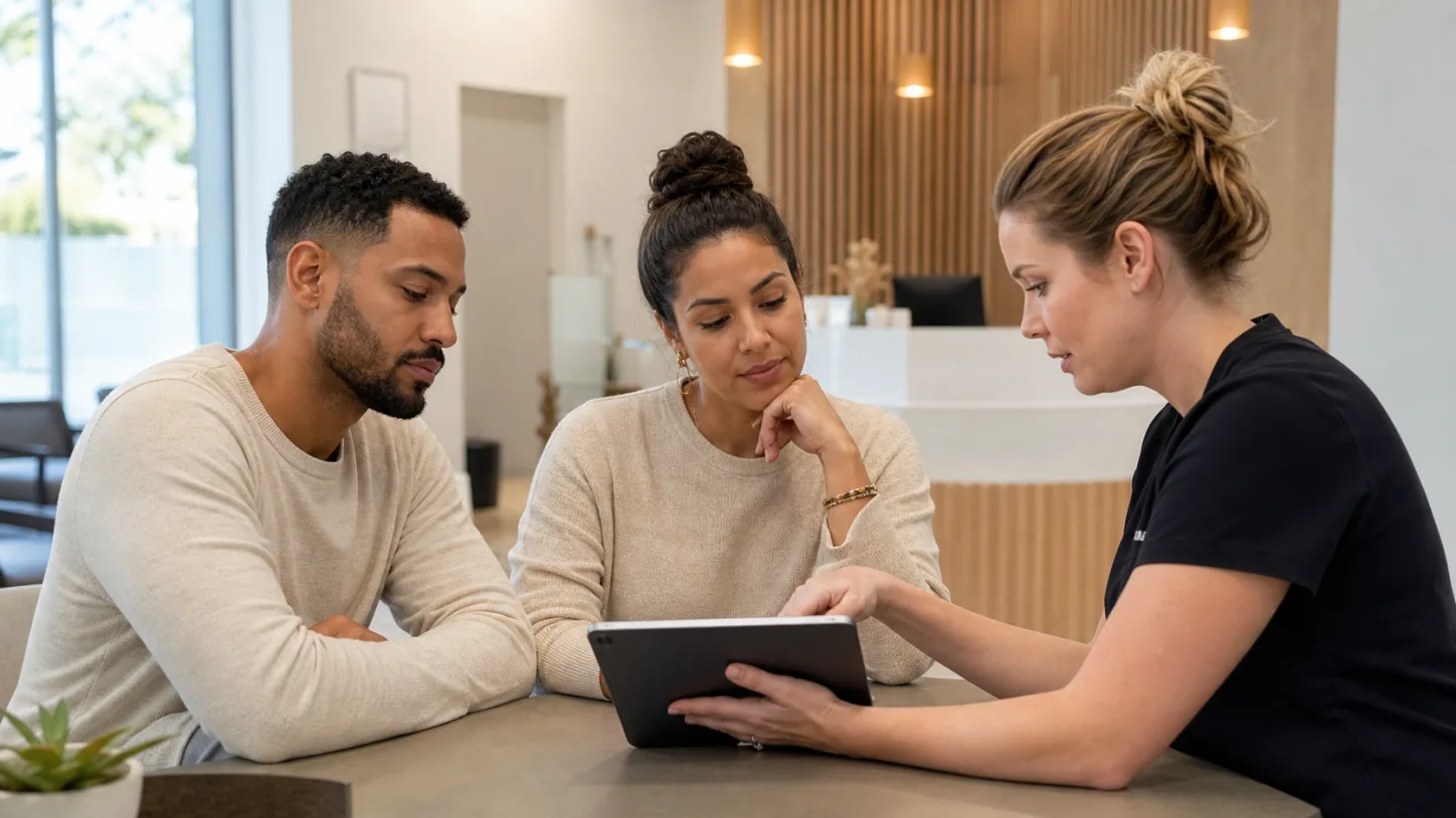 A patient and clinic coordinator review a treatment plan and payment options