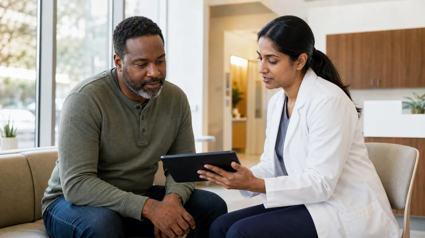 A patient and endocrinology clinician compare change over time on a tablet
