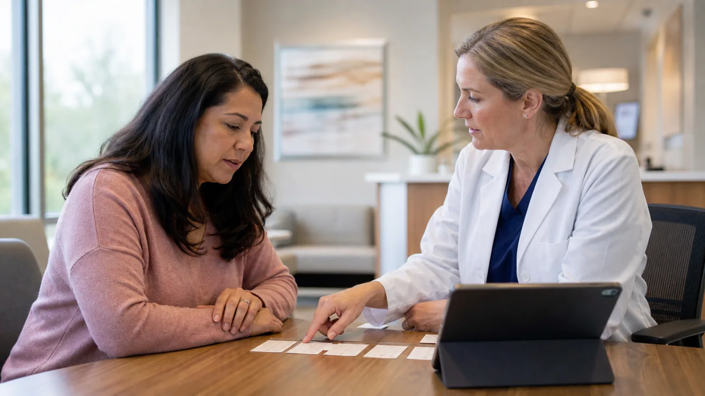 A patient and neurologist arrange a symptom timeline in a consultation room