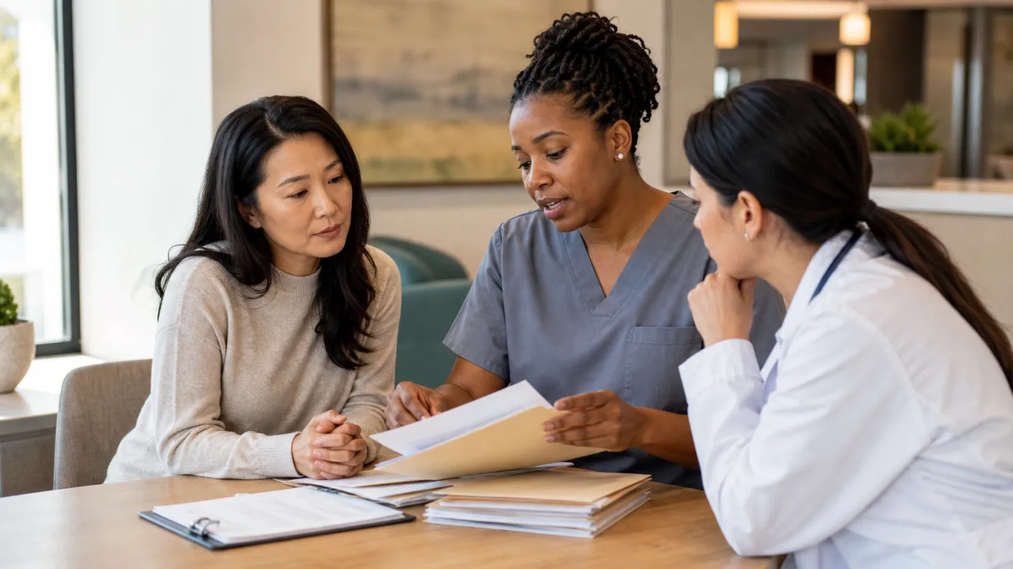 A patient and clinic team review a sequence of laboratory result folders